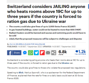 Read more about the article The Swiss government is considering jailing anyone who heats their rooms above 19C.