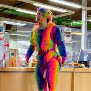 Read more about the article A man dressed as a buttless rainbow monkey was hired to swing his phallus around to encourage children’s literacy.