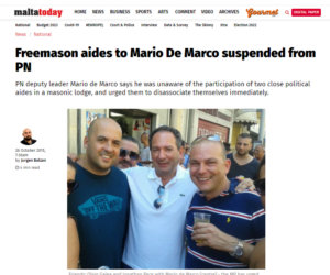 Read more about the article When two political aides of Mario de Marco were suspended because they were freemasons. Will the PN and PL give us the list of who amongst them is in freemasonry?