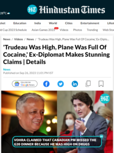 Read more about the article According to former Indian diplomat Deepak Vohra, Justin Trudeau got high on cocaine and skipped the G-20 dinner